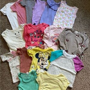 12 month Short sleeve onesie and shirt bundle lot, mushrooms, minnie